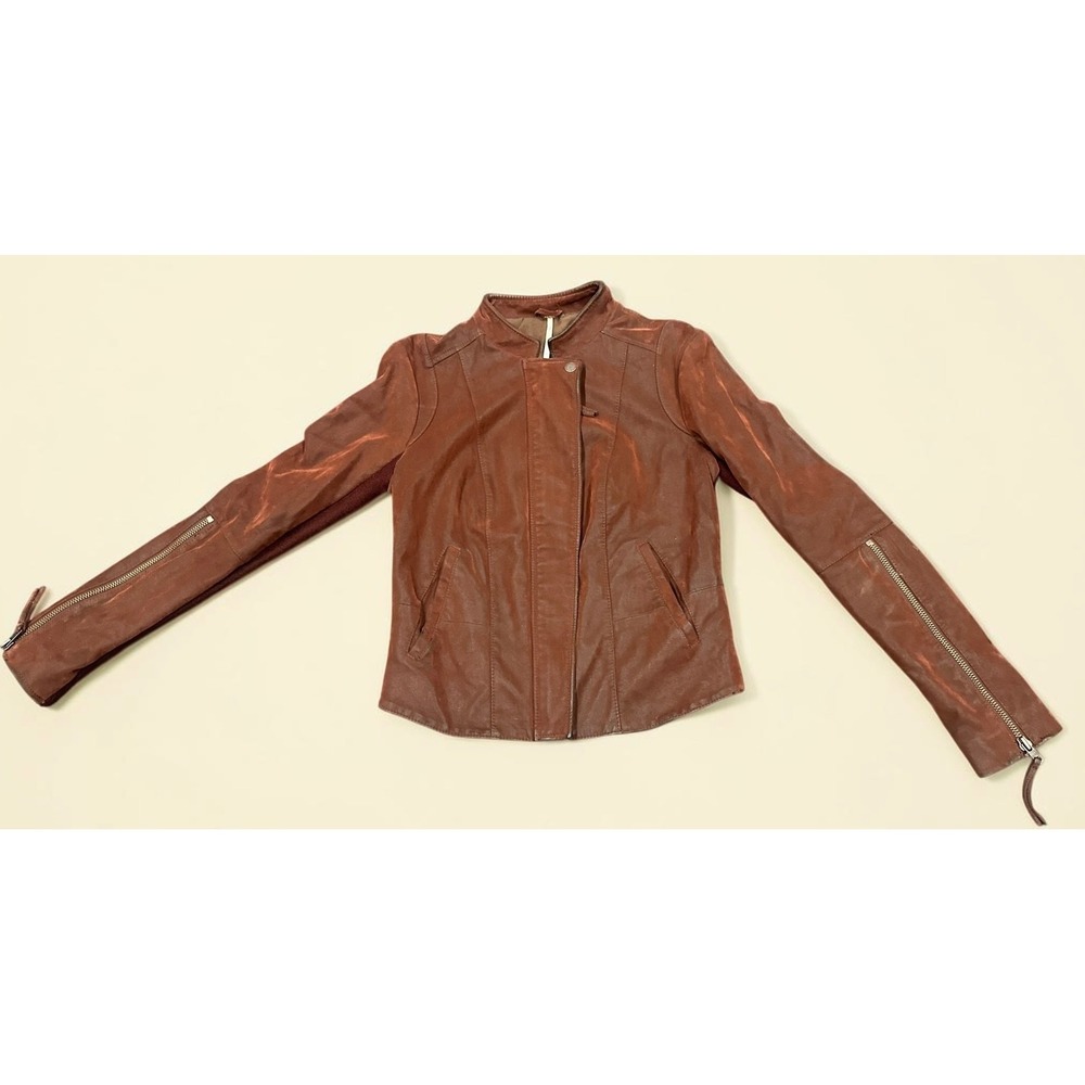 Free People Vegan Leather Moto Jacket Brown Knit Panel Zip Women's XS 4